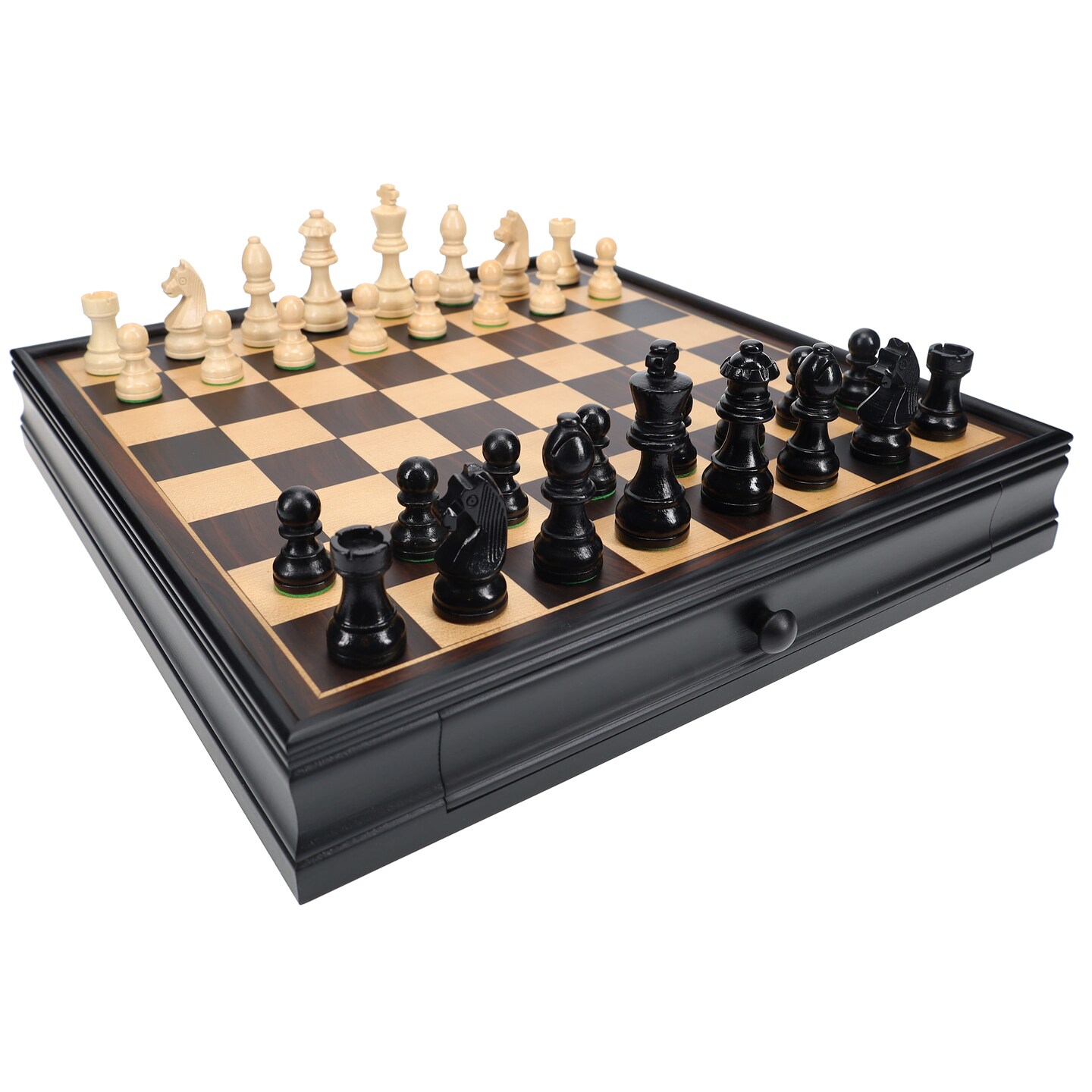 WE Games French Staunton Chess &#x26; Checkers Set - Weighted Pieces, Black Stained Wooden Board with Storage Drawers - 15 in.
