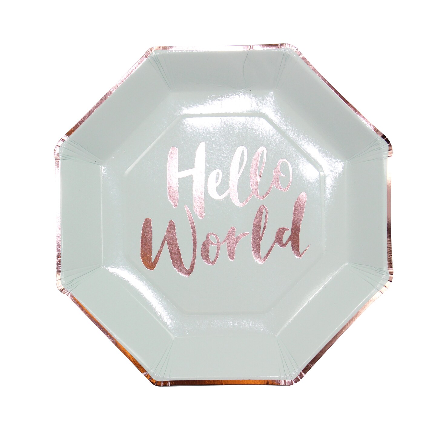 Rose Gold Hello World Baby Shower Plates – Mint & Gold, Hexagonal, 8-Pack