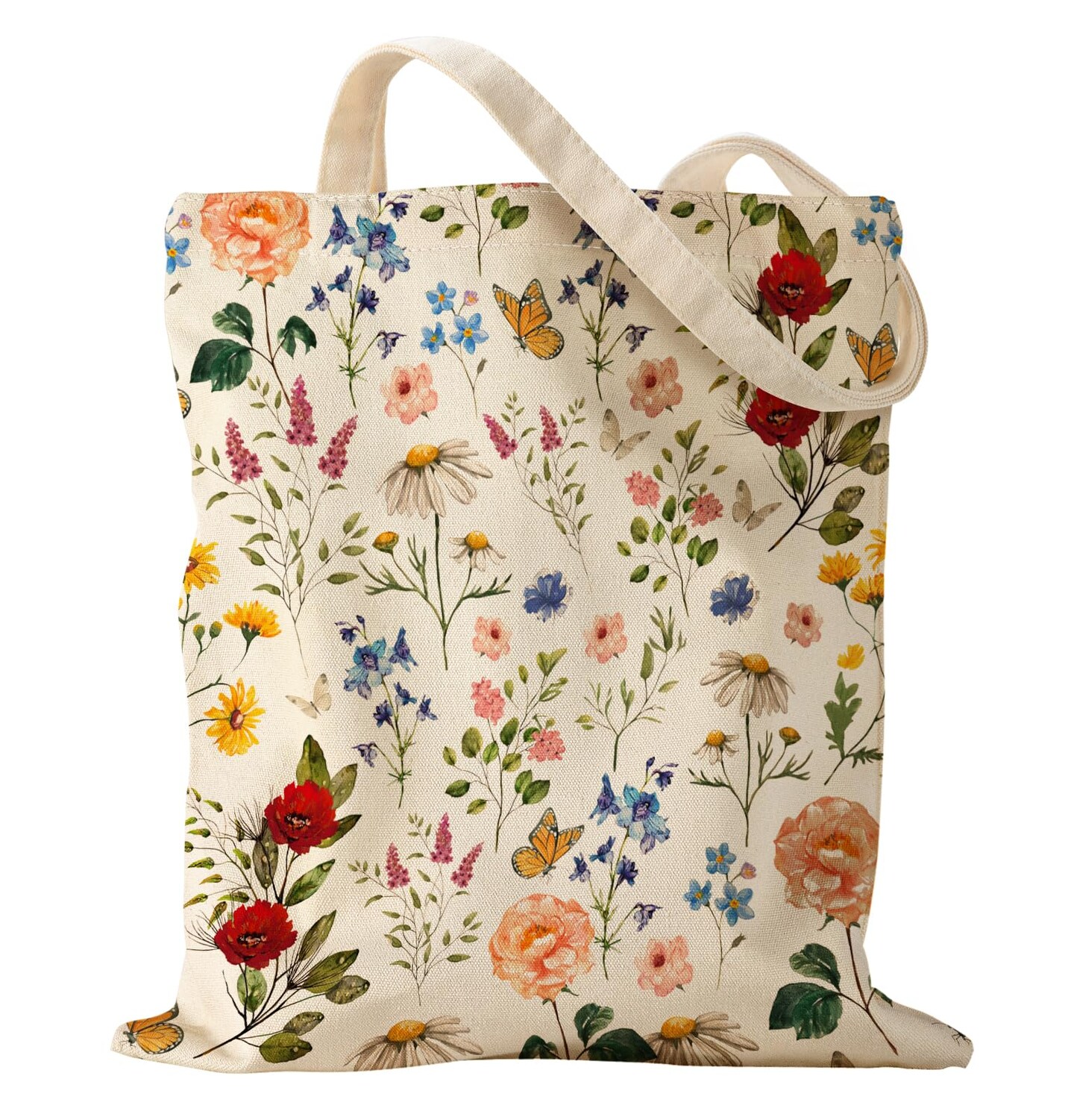 Miss Adola Aesthetic Canvas Tote Bag with Pattern for Women, Cottagecore Elegant Mixed Flower Botanical Design Casual Sturdy Cloth Cotton Floral Totes Bag for Vacation, Shopping, Grocery, Work, Gym