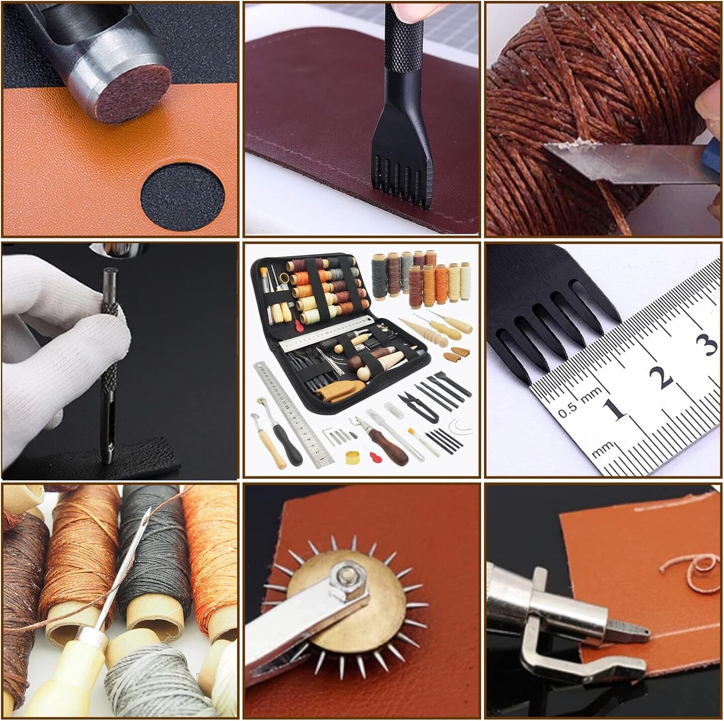 Leather Working Tools for Beginners: Professional Leather Craft Kit with Waxed Thread Groover Awl Stitching Punch for Leathercraft Adults Gifts