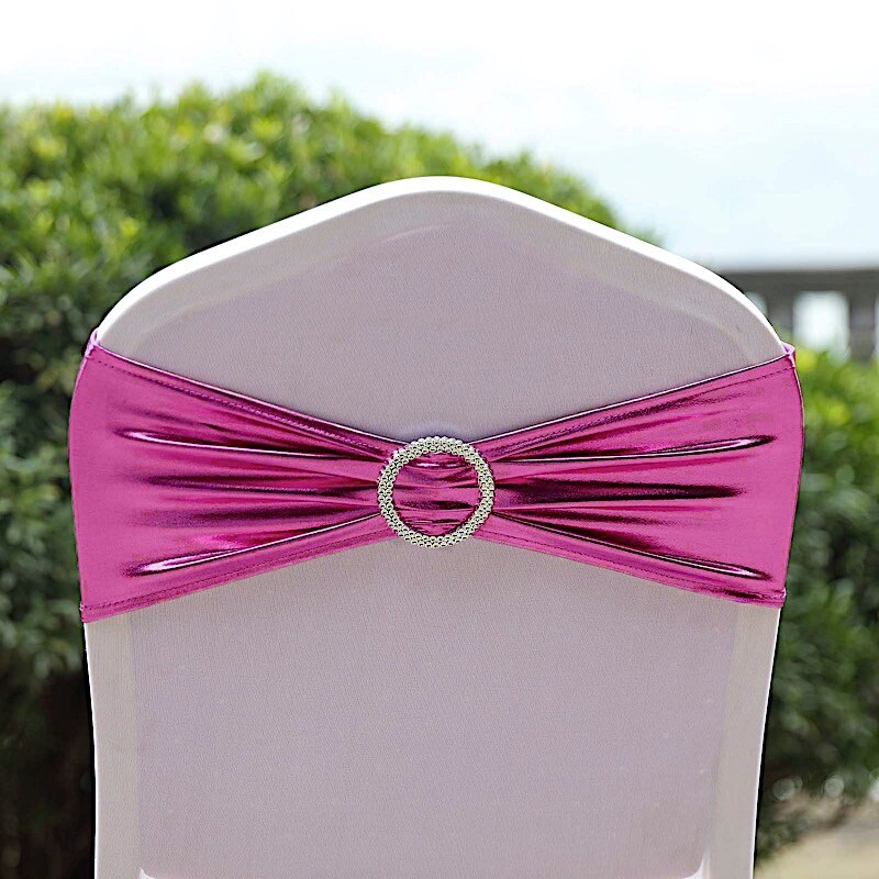 Metallic Spandex Chair Sashes Silver Round Buckles