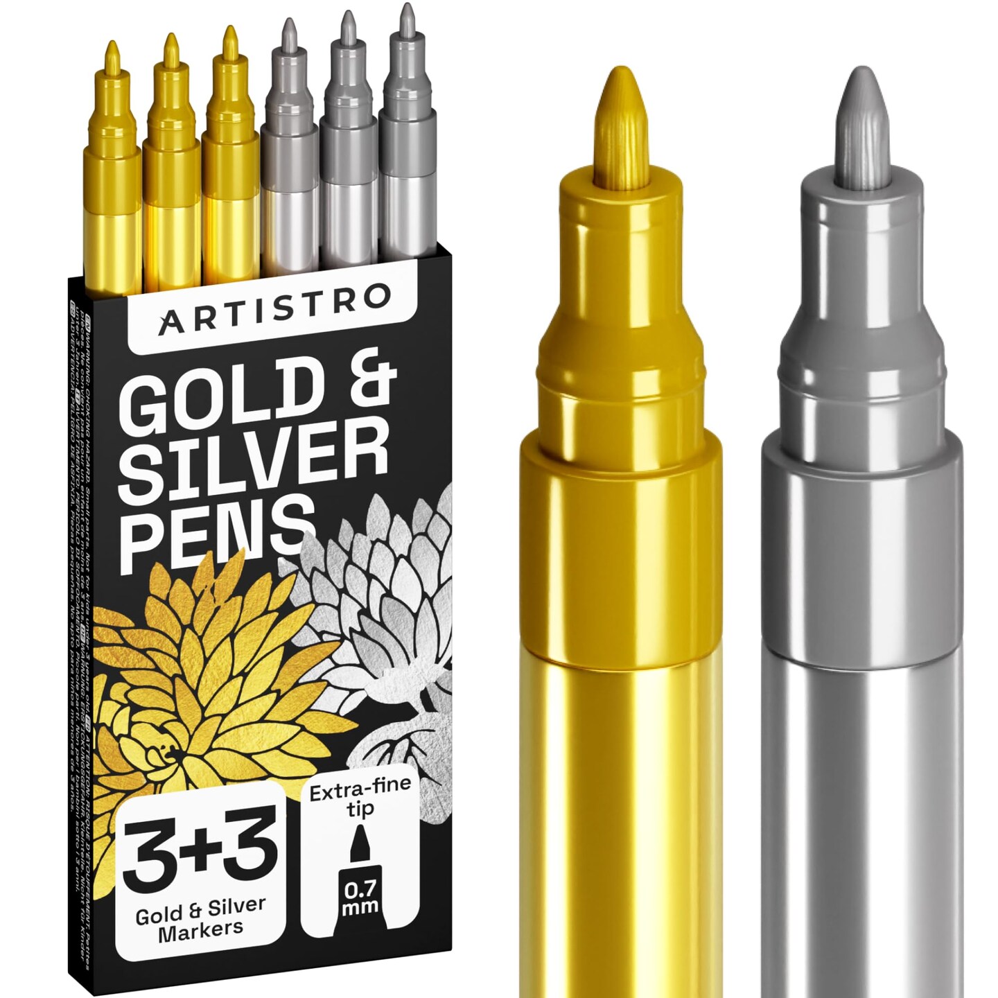 6 Pieces Metallic Acrylic Paint Pens for Rock Painting, Stone, Ceramic, Glass, Wood, Fabric, Canvas, Metal, Scrapbooking (6 Pack) Set of 3 Gold &#x26; 3 Silver Acrylic Paint Markers Water-Based Extra-Fine Tip 0.7mm