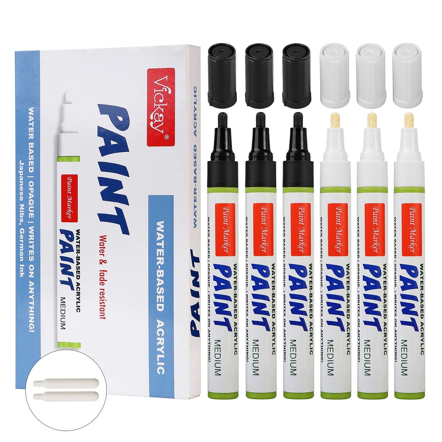 Acrylic Paint Pens Black &White, Set of 6 Medium Point Water Based Paint Marker for Rock Painting, Ceramic, Metal, Glass, Wood, Fabric DIY Craft Projects Water Resistant with 2 Replacement Nibs