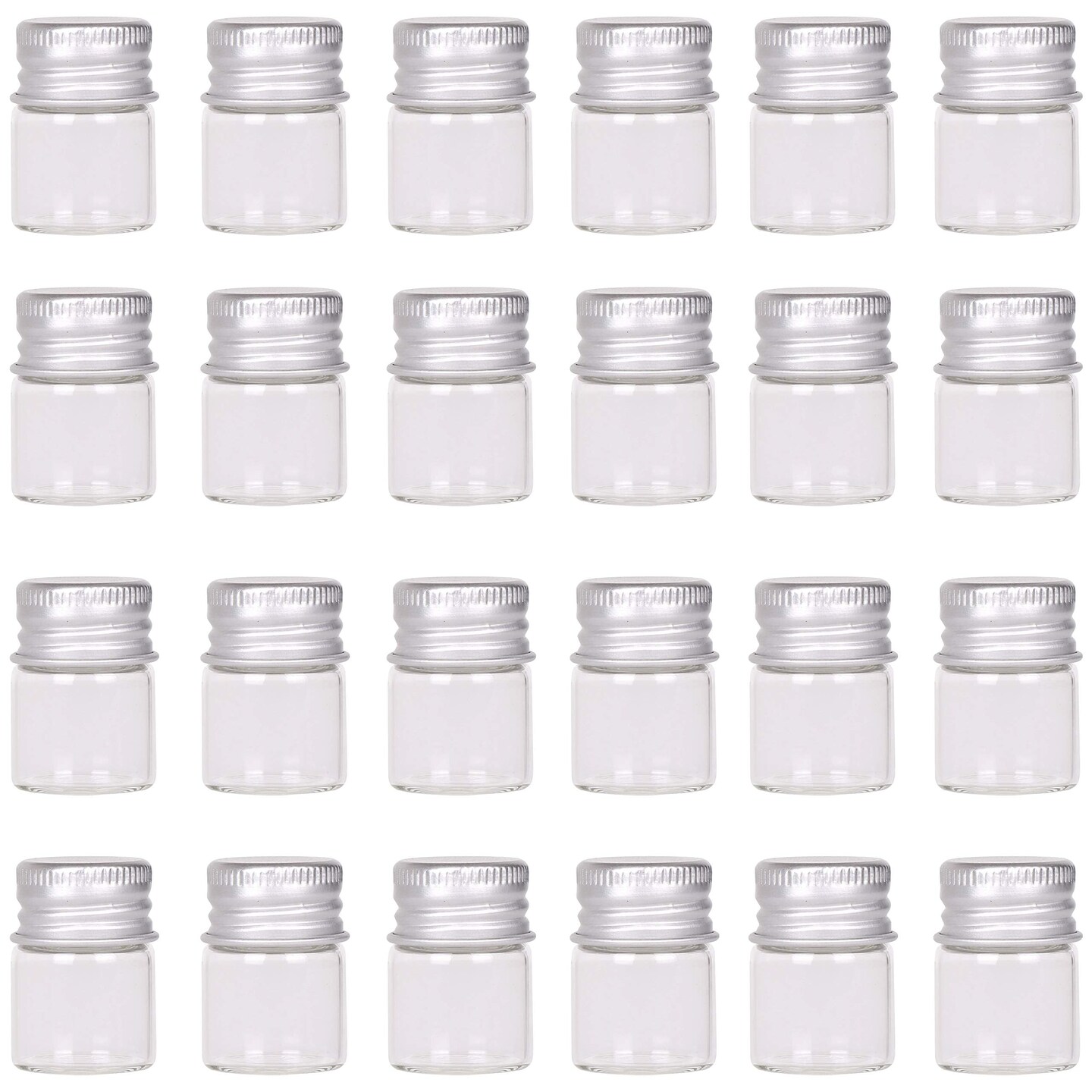24 Pieces Mini Glass Bottles with Screw Caps 5ml Aluminum Top Metal Lids 5 Milliliter Tiny Vials Small Jars DIY Storage Art Craft Decor