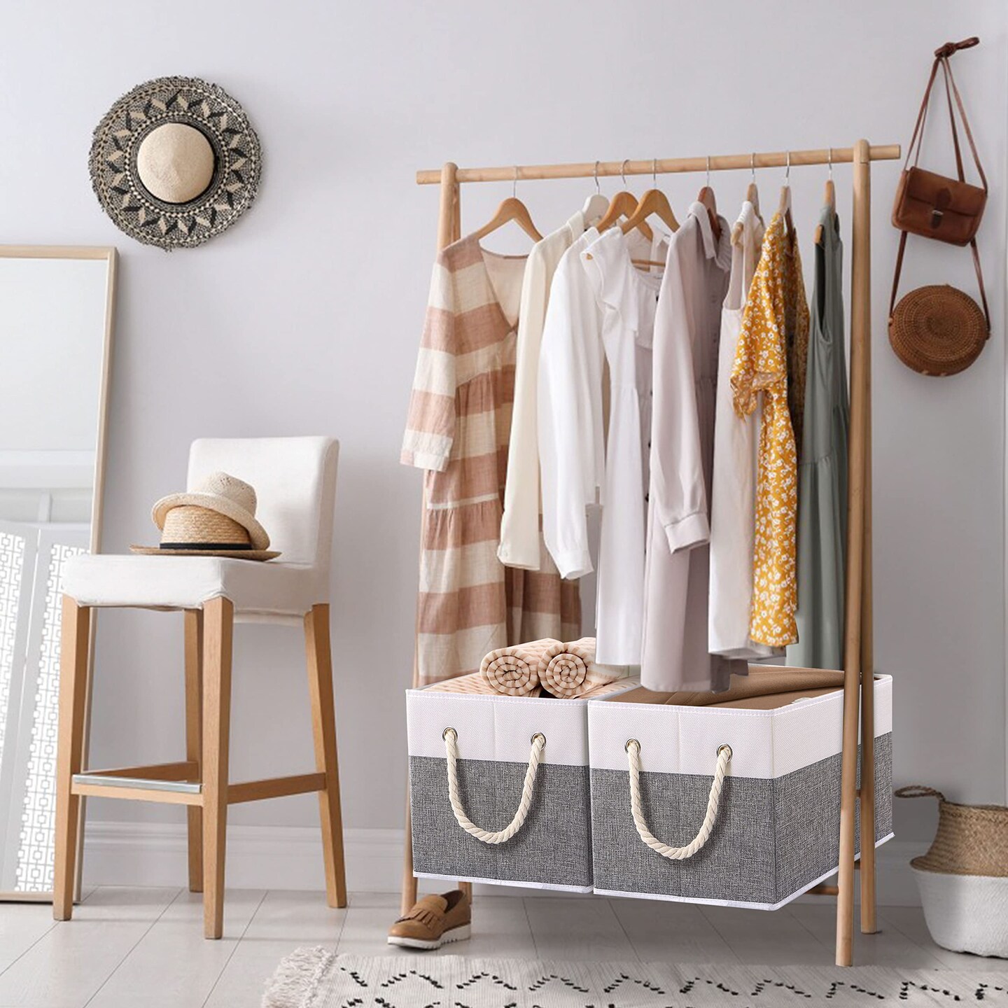 Foldable Storage Basket 1-Pack, Large Fabric Storage Bins with Rope Handle, Used for Organizing Shelves, Closets, Clothes Storage Box, 12.99''Lx9.05''Wx7.87''H, White/Grey