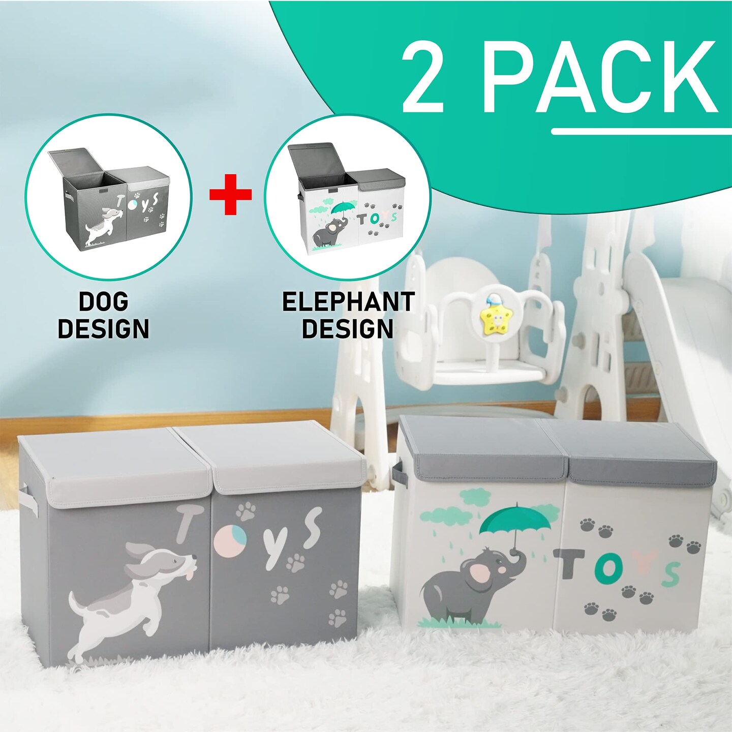 2 Pieces Large Toy Box - Lightweight Collapsible Sturdy Toy Storage Chest w/Flip-Top Lid &#x26; Handles (24.5&#x22; x 12&#x22; x 16&#x22;) (Dog &#x26; Elephant)