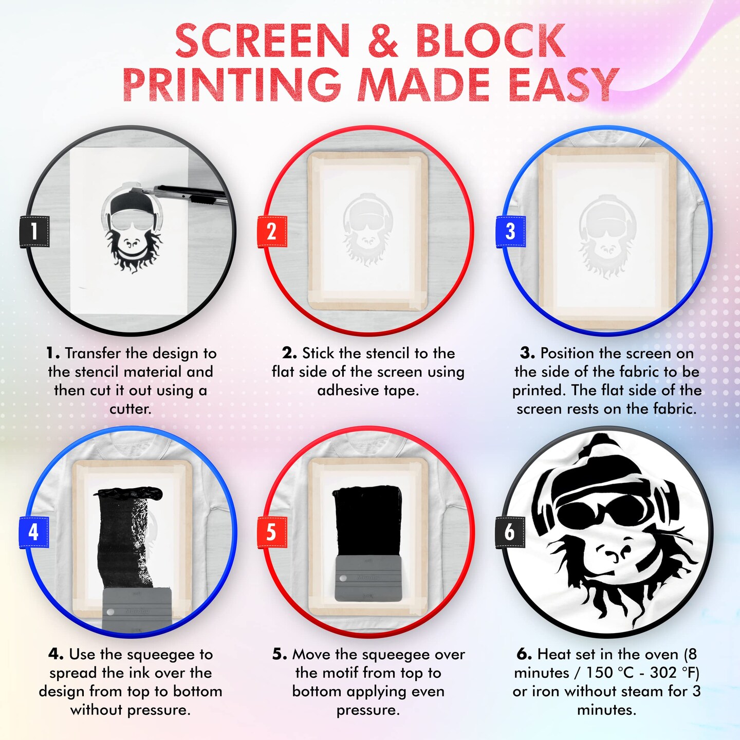 Screen Print Kit with Reusable Wooden Frame, 1 Screen Printing Squeegee, and 3 x 100ml Ink - Silk Screen Printing Kit for Beginners