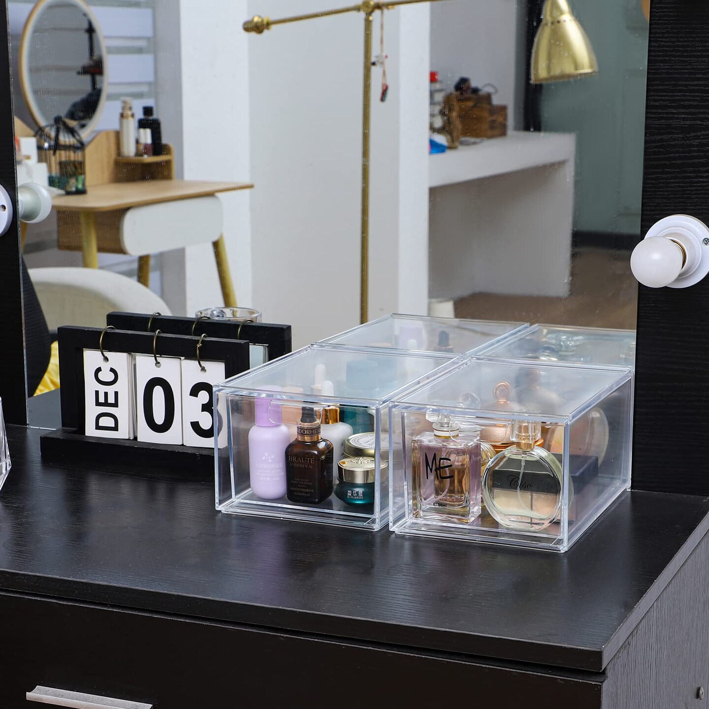 2 Pieces Stackable Makeup Organizer Storage Drawers 4.5&#x27;&#x27; Tall Acrylic Cosmetic Display Case Clear Bathroom Plastic Storage Bins For Vanity,Under Cabinets,Pantry Organization and Storage
