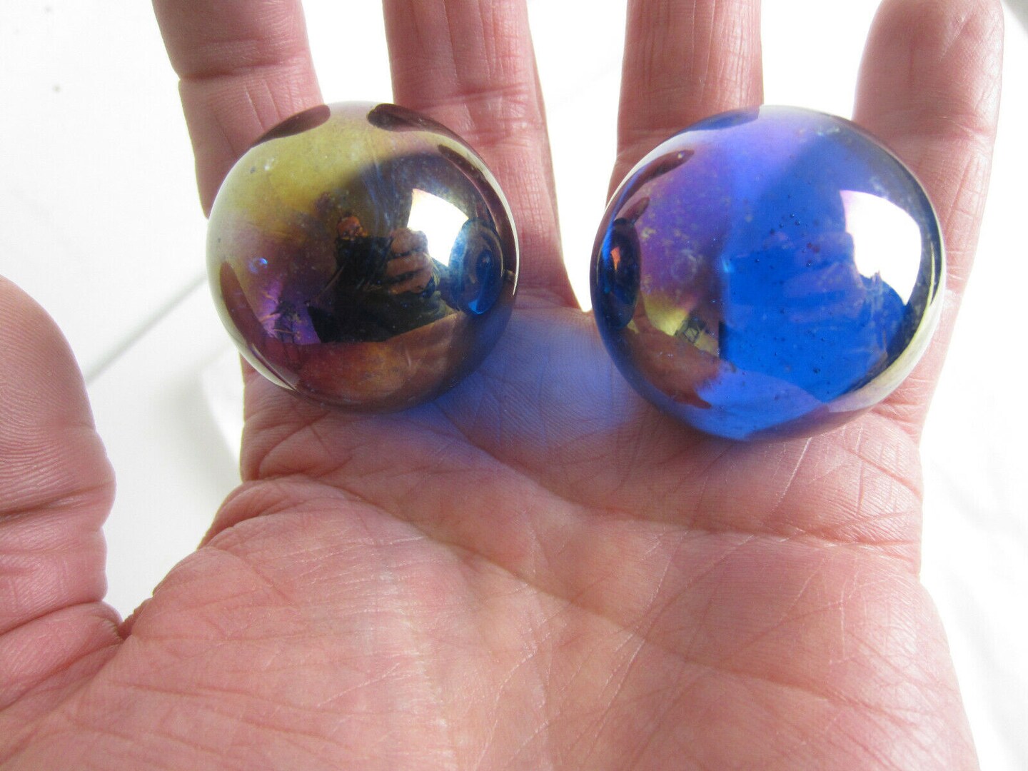 2 Boulders 35mm LUSTERED BLUE Iridescent Translucent Clear Metallic Marbles glass large