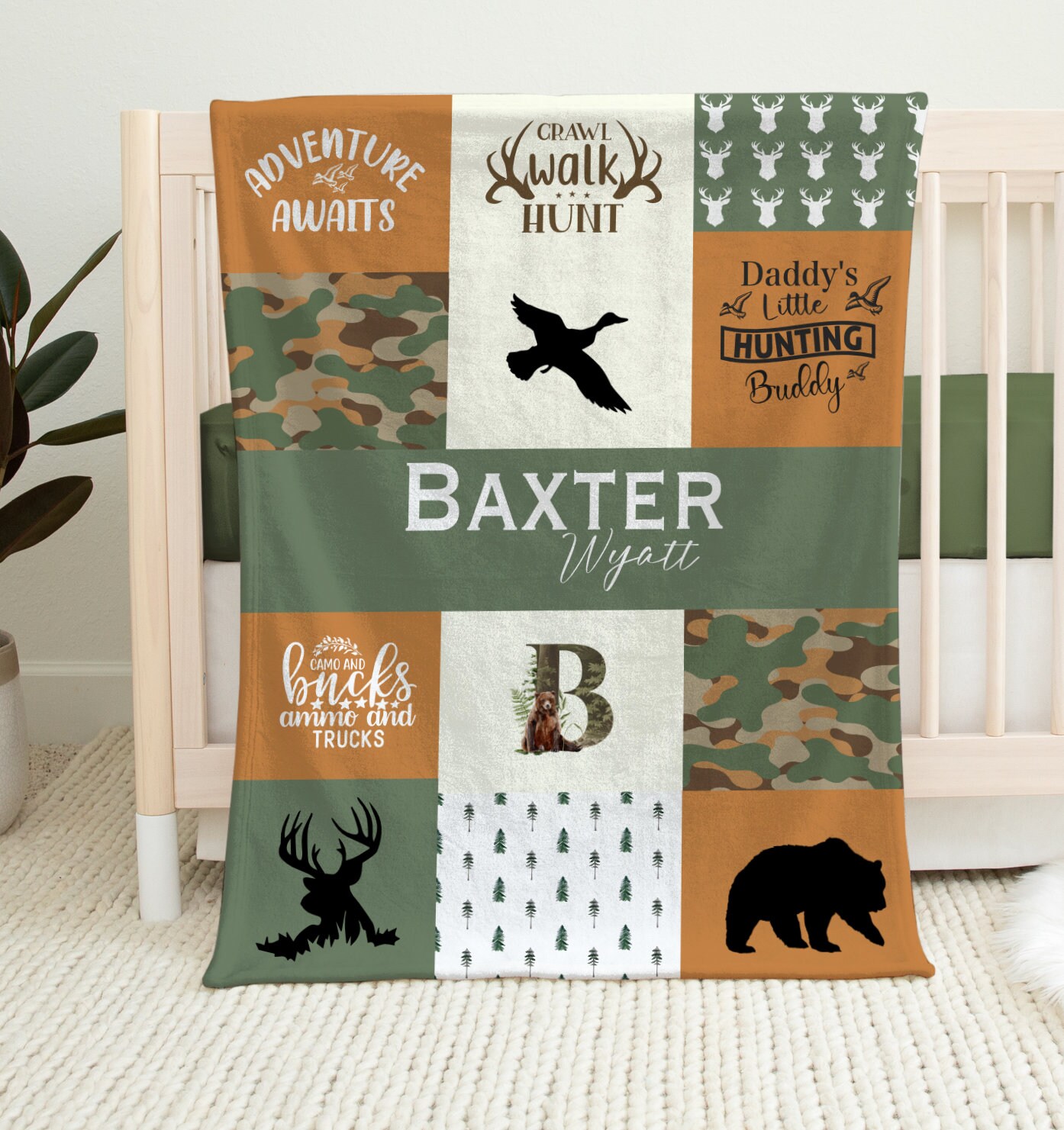 product name is Personalized Hunting Blanket, Boy Blanket, Fishing, Name Blanket, Hunting, Baby Shower, Custom Blanket, Bedding, Newborn Gift, Boy.