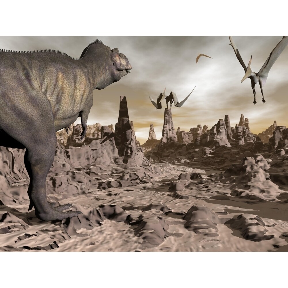 Tyrannosaurus Rex Dinosaur And Pteranodons On A Rocky Desert Landscape Poster Print