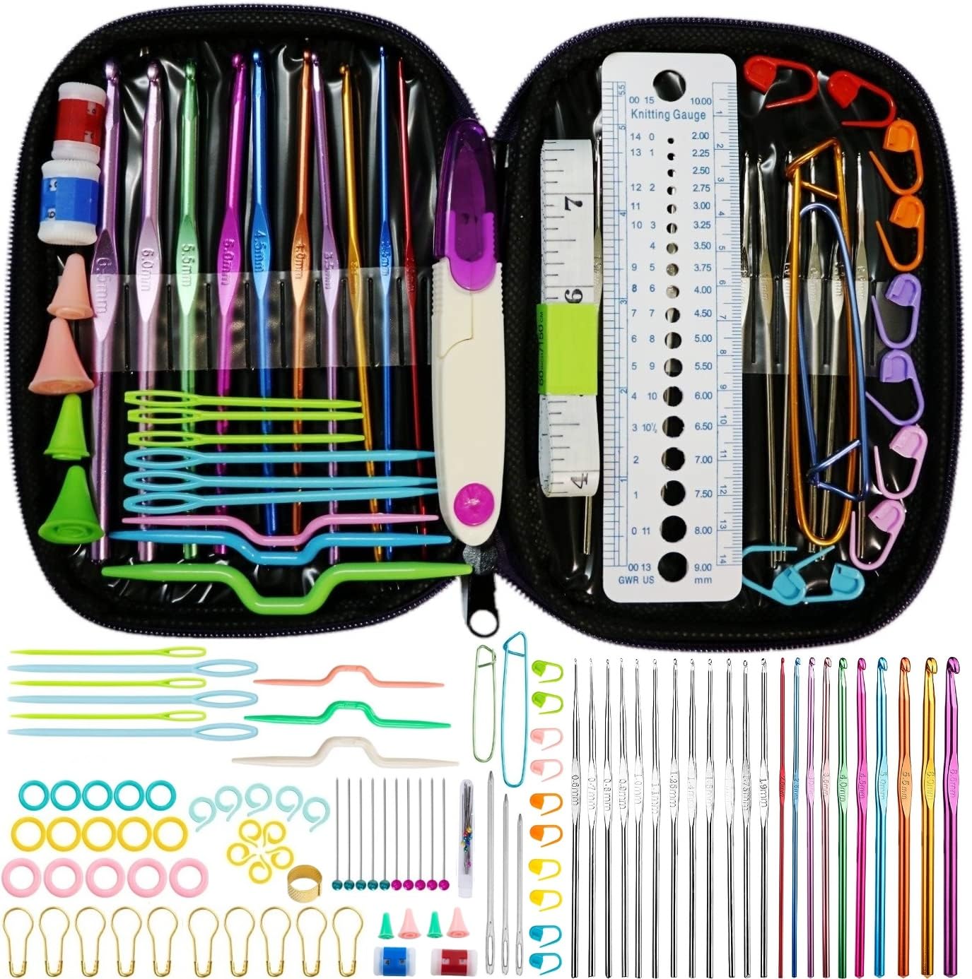 102 Pieces,Crochet Hooks Kit with Storage Case,Ergonomic Knitting Needles Blunt Needles Stitch Marker DIY Hand Knitting Craft Art Tools for Beginners