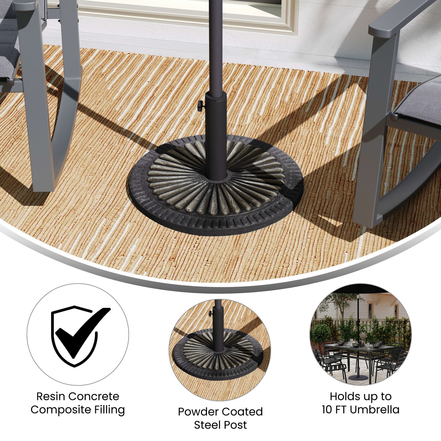 Emma and Oliver Keegan 19.25&#x22; Diameter Universal Sunburst Pattern Cement Patio Umbrella Base with Weatherproof Plastic Polymer Coating