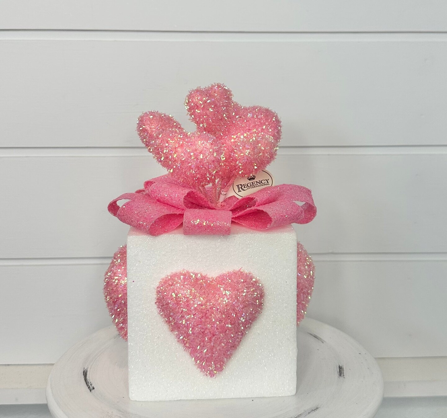 10.5&#x22; Valentine&#x27;s Day Glitter Foam Gift Box with Hearts - Pink and White Decor - Foam gift box wreath attachment - TCT Crafts (MTX70784RDWH)