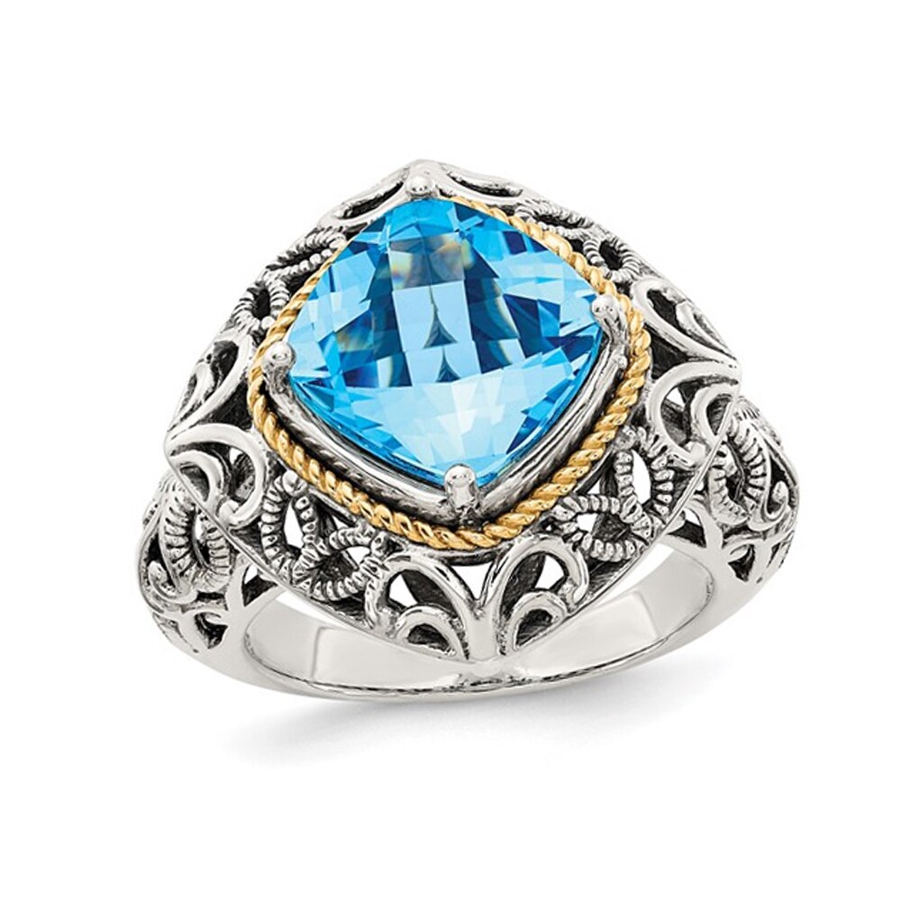 Gem And Harmony 3.60 Carat (ctw) Blue Topaz Cushion-Cut Ring in Sterling Silver with 14K Gold Accent
