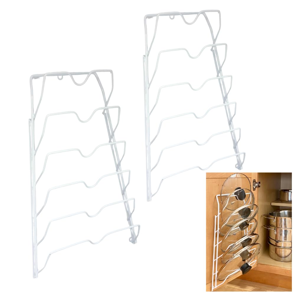6 Pot Lid Organizer for Cabinet or Pantry Wall - Cupboard Door Pots and Pans Organizer - Glass or Metal Pan Covers Cabinet Organizer - Rack Hanger Dividers - Set of 2