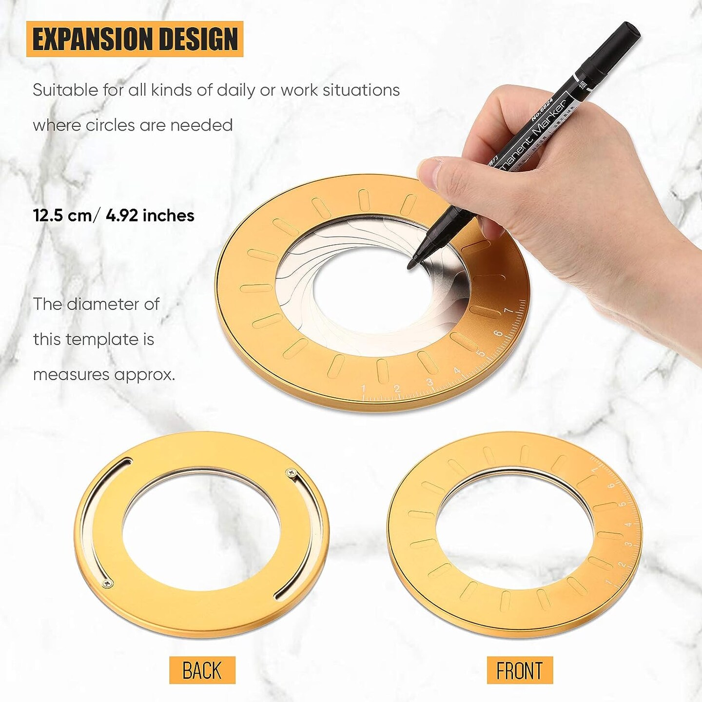Circle Drawing Maker Aluminum Alloy Circle Template Adjustable Circle Drawing Tool Round Circle Template Tool Ring Circle Making Tool with Black Flannelette Bag for Drafting, 125 mm (Yellow)