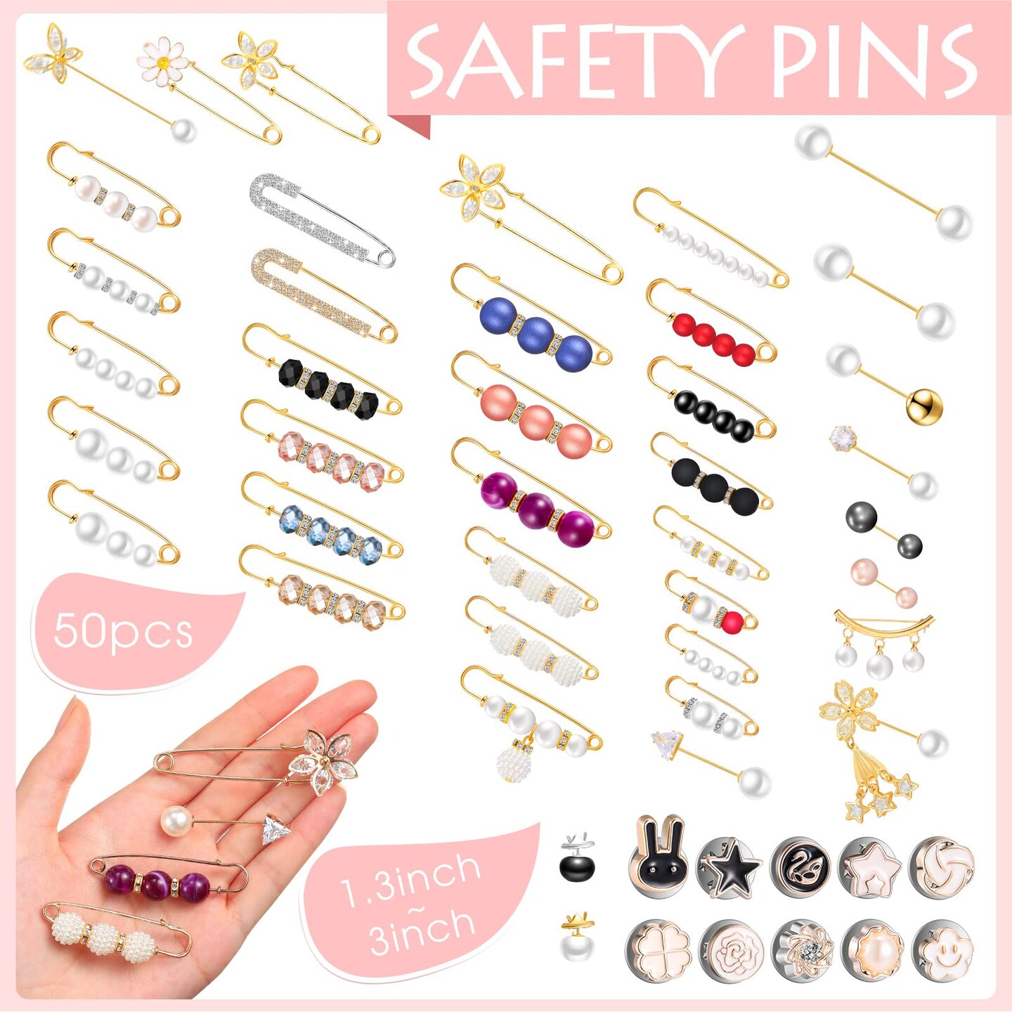 50 Pieces Pearl Brooch Pins Sweater Shawl Clips Decorative Safety Pin Hijab Pins Faux Pearl Rhinestones Collar Safety Pin for Women Girls Clothing Dresses Decoration Accessories with Storage Tank