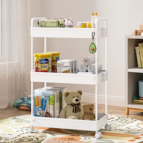 3 Tier Classic Storage Rolling Cart Slim Storage Cart with Wheels Slide Out Storage Rolling Cart Organizer Plastic for Bathroom Laundry, White