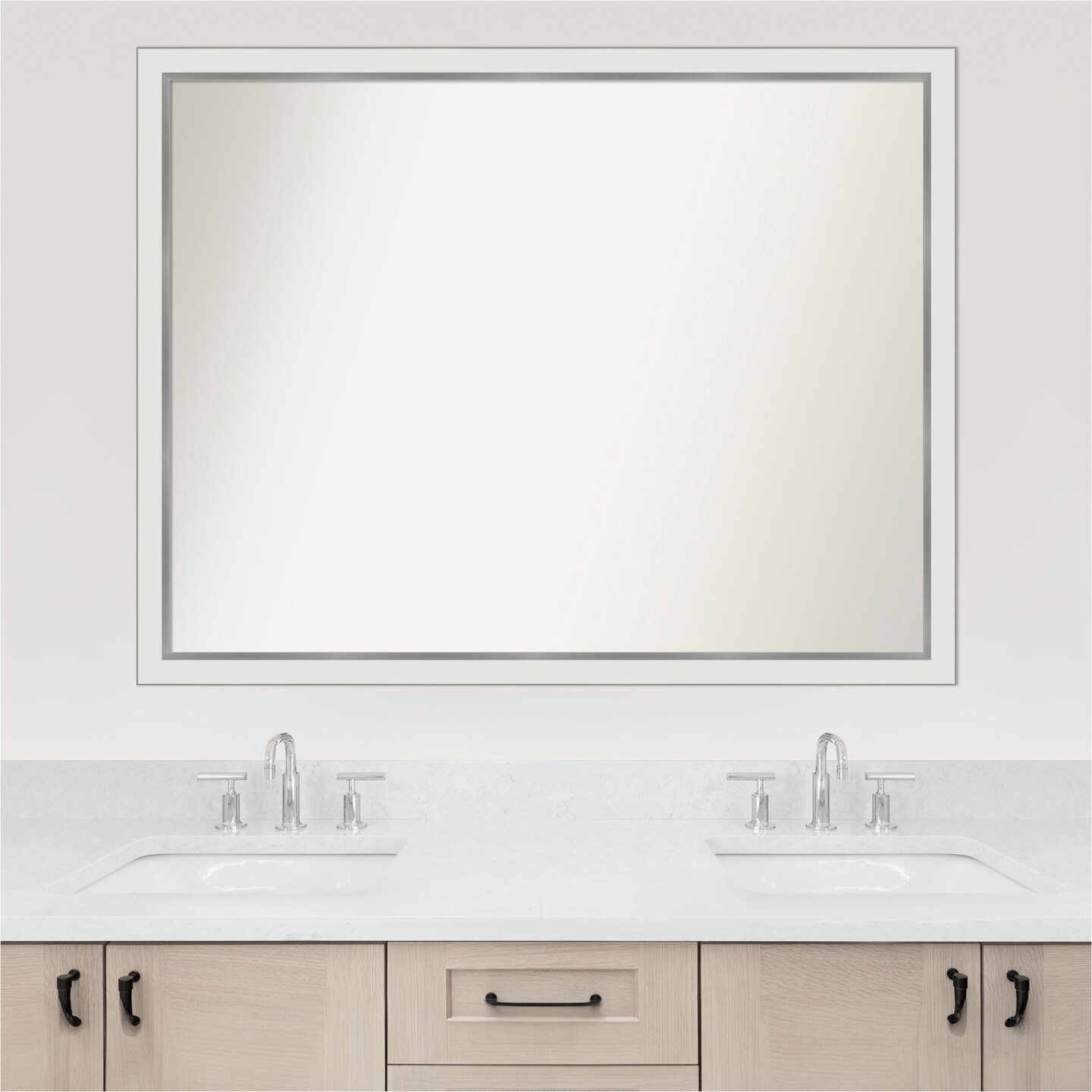 Eva White Silver Narrow Non-Beveled Custom Framed Bathroom Vanity Wall Mirror