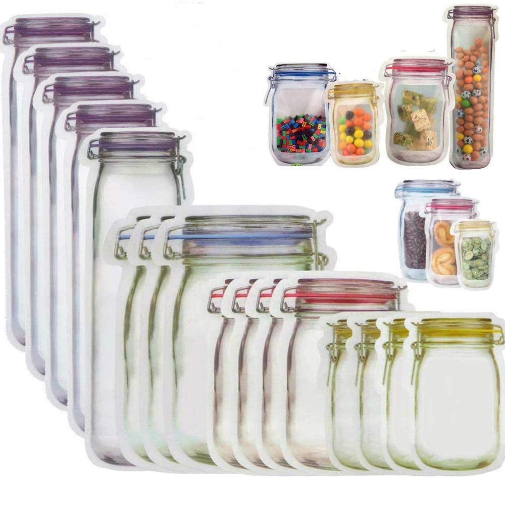 20 Pieces Mason Jar Zipper Bags, Reusable Storage Bags Mason Bottle Shape Storage Bags Portable Mason Jar Stand-Up Leakproof Food Saver Bags For Home Kitchen