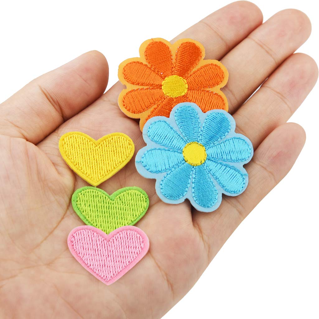 60 Pieces Iron On Patches Cute Mini Heart Iron-on sew-on Patches Flower Embroidered Applique Decoration Patches for Clothing Jackets Backpacks Jeans Hats Bags Multi-Colored DIY Accessory