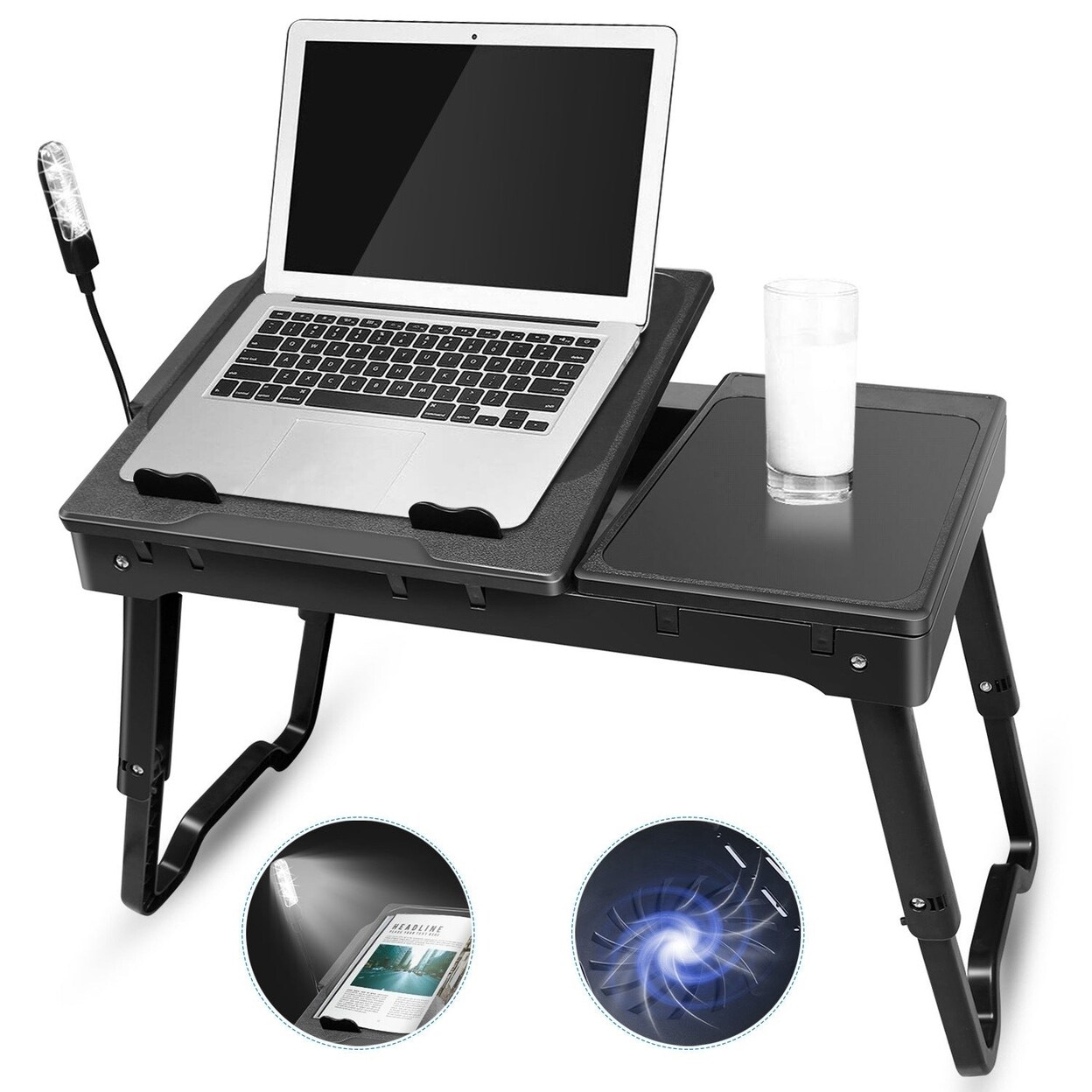 Foldable Laptop Table Bed Notebook Desk With Cooling Fan Mouse Board Led Light 4 Xusb Ports Breakfast Snacking Tray