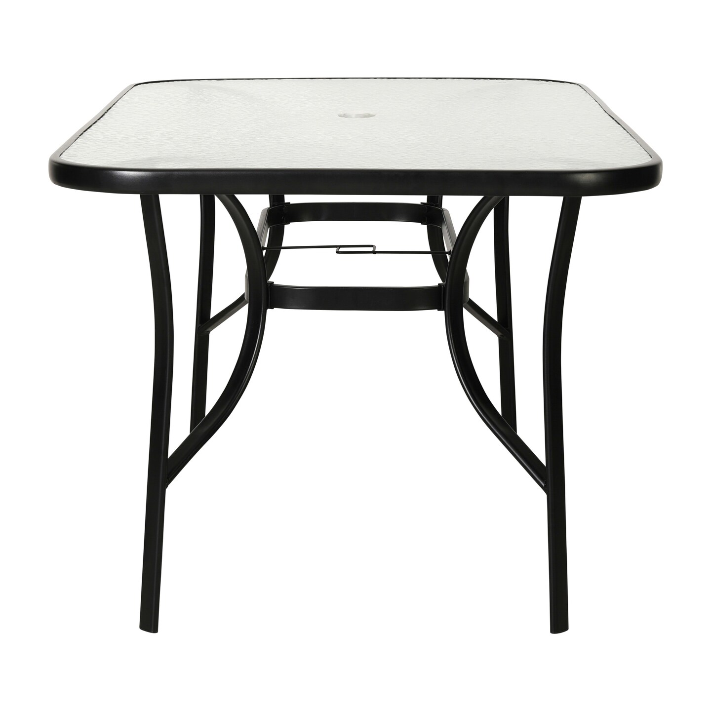 Emma and Oliver Tala Rectangular Tempered Glass Top Patio Table with Umbrella Hole and Black Steel Tube Frame