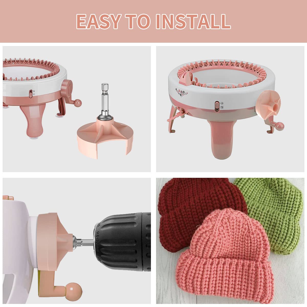 Quick Knit Machine Adapter/ Attachment with Power Screwdriver for 48Needles,40 and 22,Crank Handle Adapter with Hex Drill Steel Bit,DIY Craft Knit Sewing Accessories for Beginner(Pink)