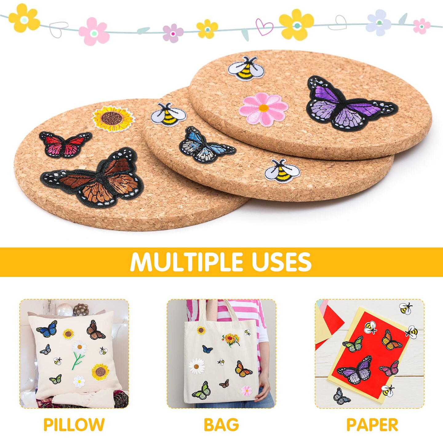 55 PCS Embroidered Flowers Iron on Patches Butterfly Sew on Patch Sunflowers Appliques Patches Bee Embroidered Patches Decoration DIY Craft Patches for Clothes Jackets Jeans Dress Pants Decor