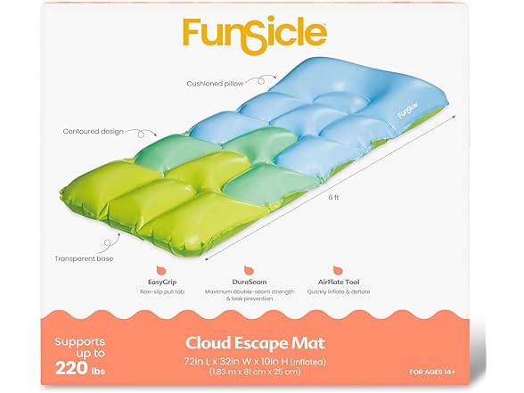 Funsicle Water Lounge Mat Pool | 6 ft Cloud Escape Inflatable Mat, With Cushioned Headrest | MINA&#xAE;
