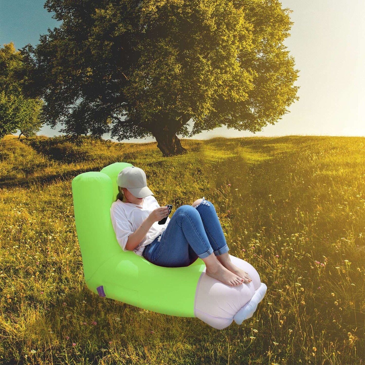 Inflatable Lounger Air Sofa Chair Couch Portable Bag Green Blue Orange 82Cm