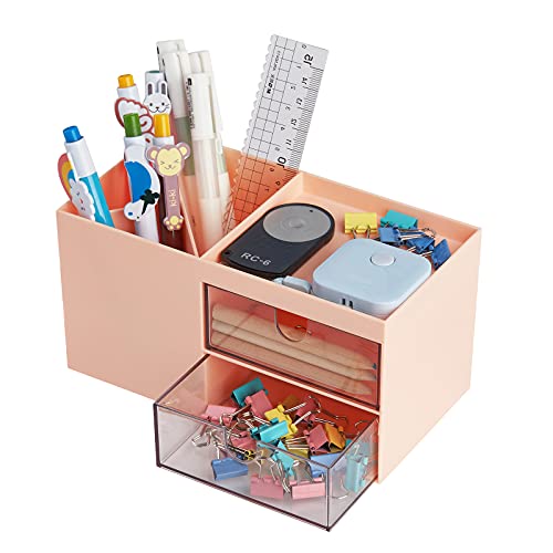 Office Desk Organizer with drawer, Office Supplies and Desk Accessories, Business Card/Pen/Pencil/Mobile Phone/Stationery Holder Storage Box (Pink)