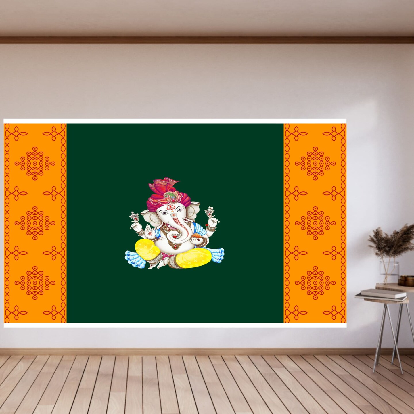 Ganesh with Kolam Design Backdrop 5x8 Feet Indian Traditional Cloth Ganesh Pooja Decor Indian Pooja Wall Decor Indian Wall Art Photo Decor Banner Decorative Pooja Cloth