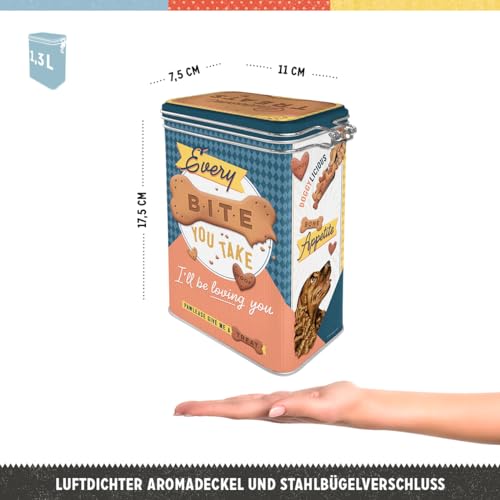 Retro tin box, 44 oz, Every Bite You Take Dog Treats – Gift idea for dog owners, metal clip top can for treats, vintage design