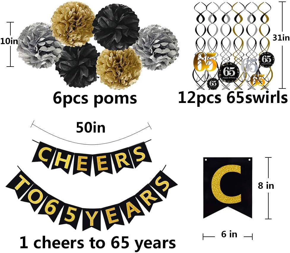 65th Birthday Party Decorations Set- Gold Glittery Cheers to 65 Years Banner,Poms,12Pcs Sparkling 65 Hanging Swirls for 65th Birthday Decorations 65 Years Old Party Supplies