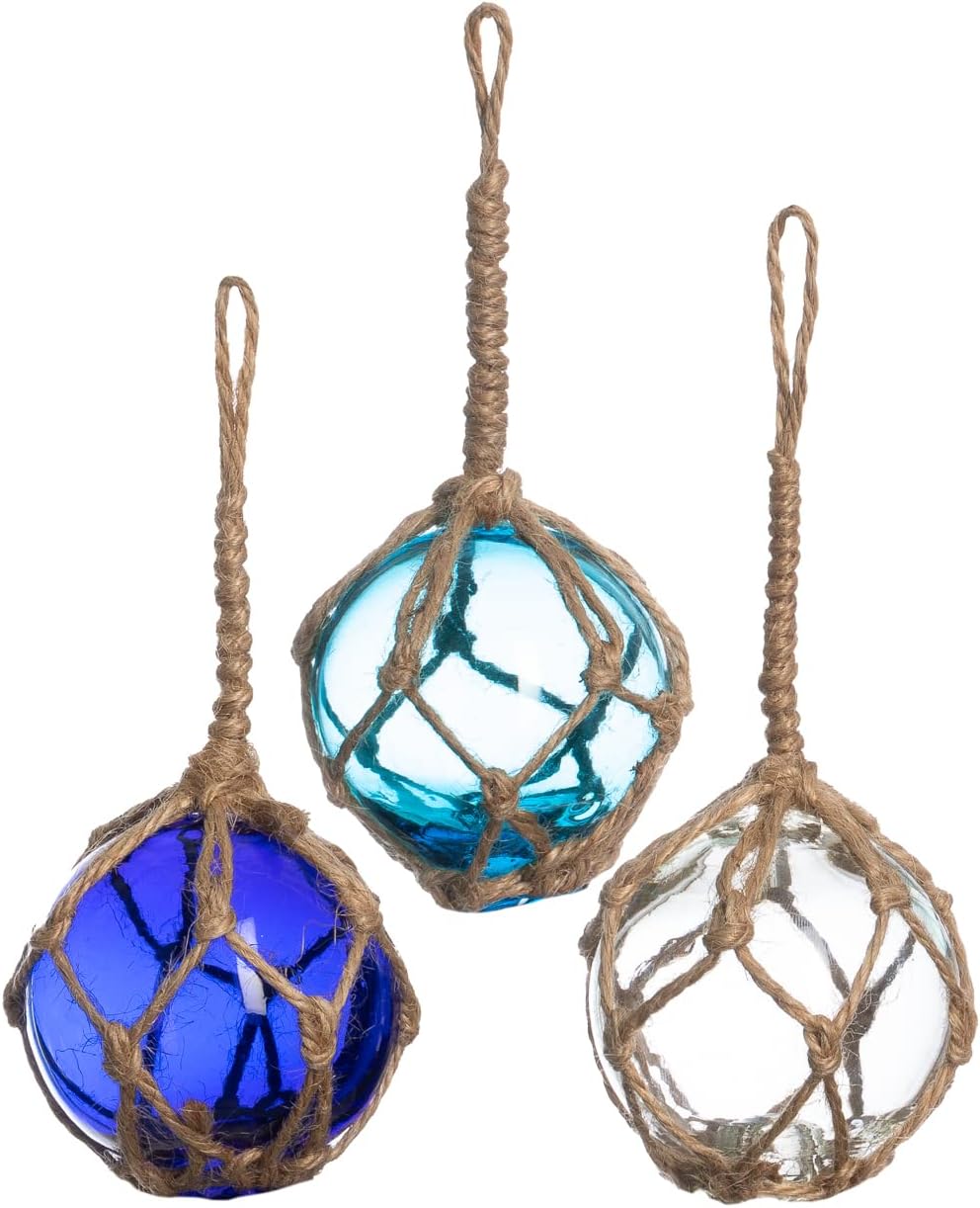 Japanese Glass Fishing Floats Ball - 3" Aqua Cobalt and White (3 Pack) - Glass Buoys With Rope