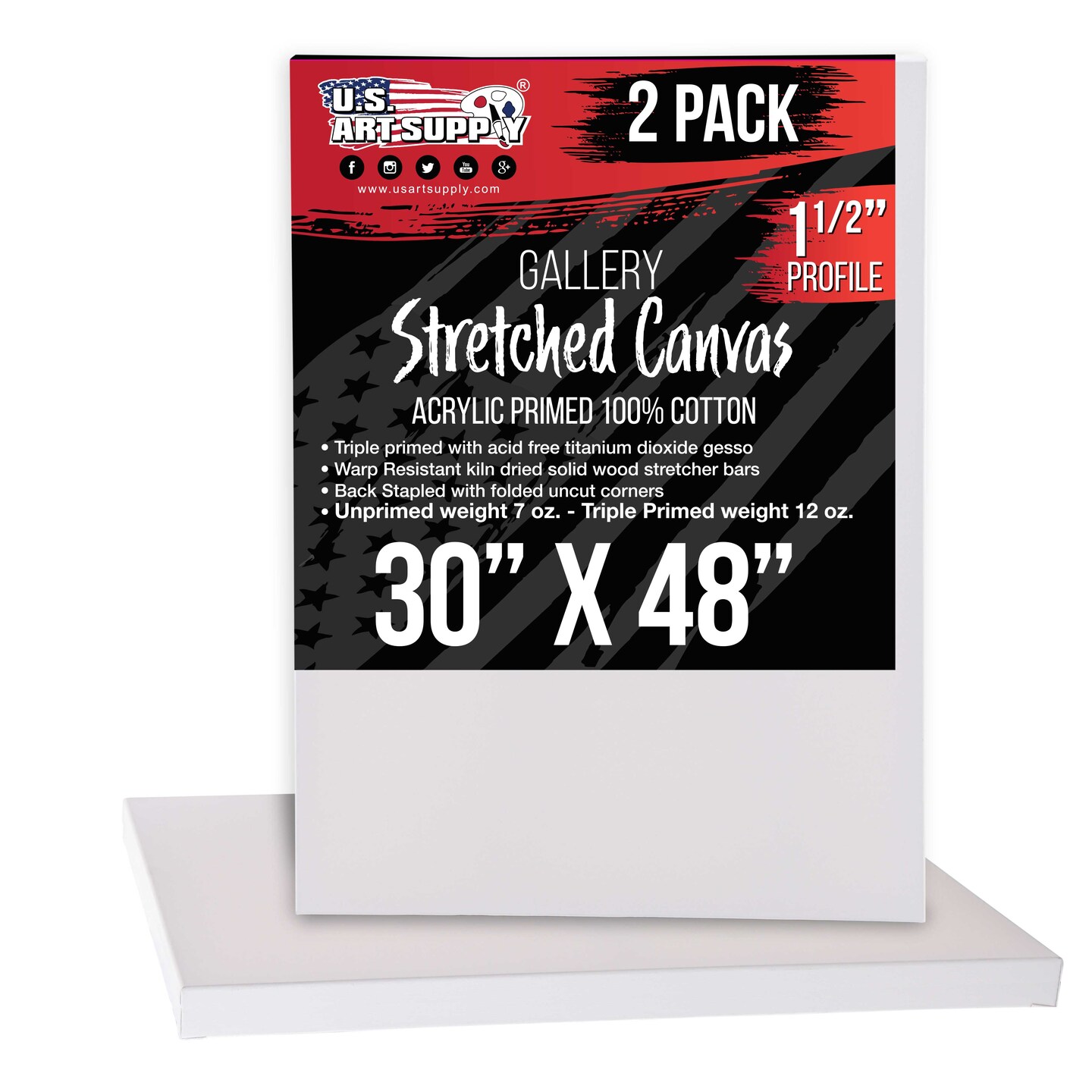 30 x 48 inch Gallery Depth 1-1/2&#x22; Profile Stretched Canvas, 2-Pack - 12-Ounce Acrylic Gesso Triple Primed, - Professional Artist Quality, 100% Cotton