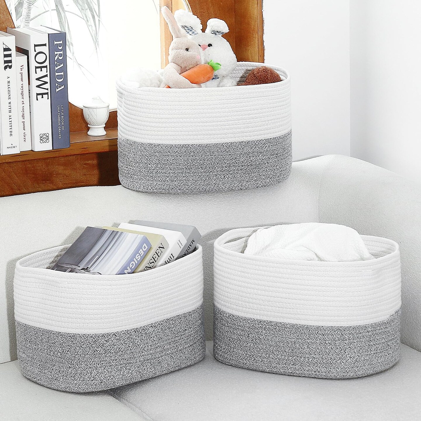 Storage Basket, Cotton Rope Woven Basket with Handles. Blanket Basket for Storing Clothes, Toys, Books, Shelves etc, 15&#x27;&#x27;L x 10&#x27;&#x27;W x 9.5&#x27;&#x27;H, Gray/Off White