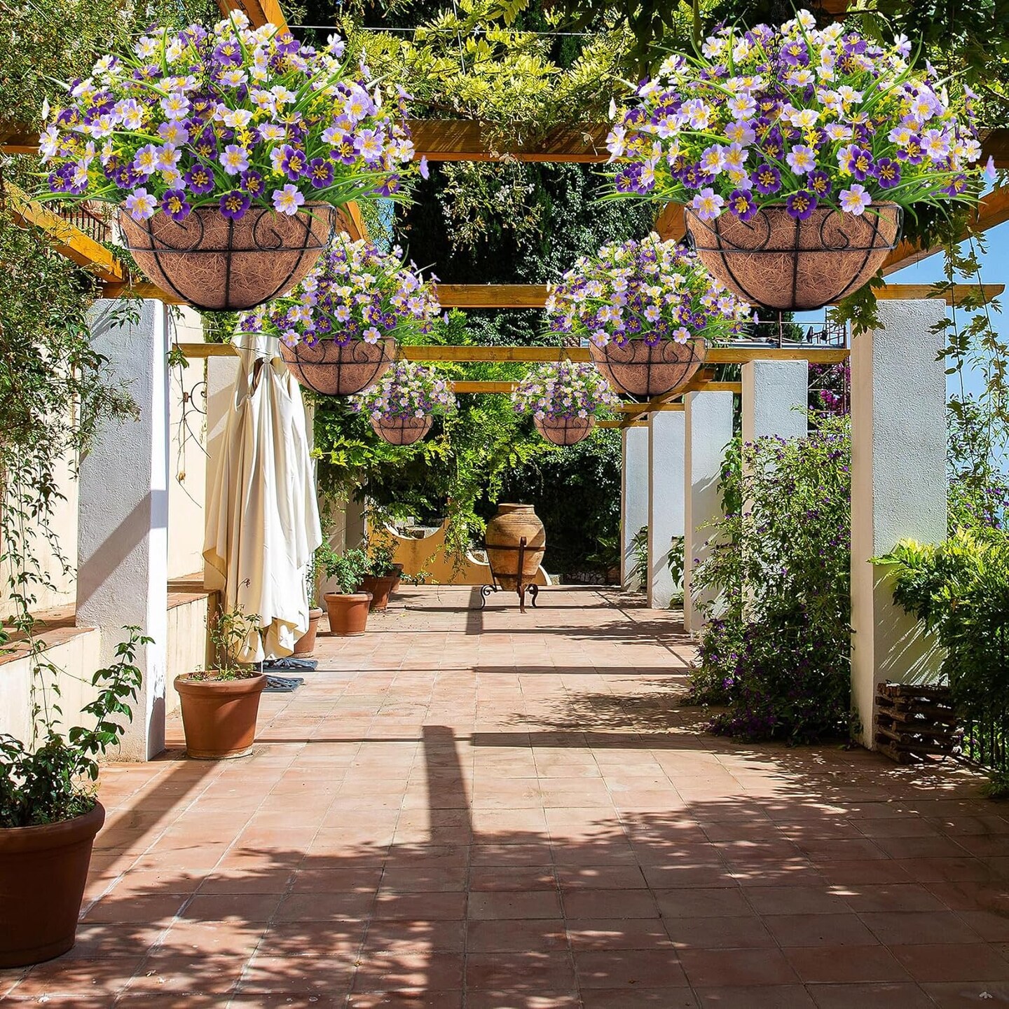 Everlasting Spring Charm: Artificial Hanging Flowers with Coconut-Lined Basket