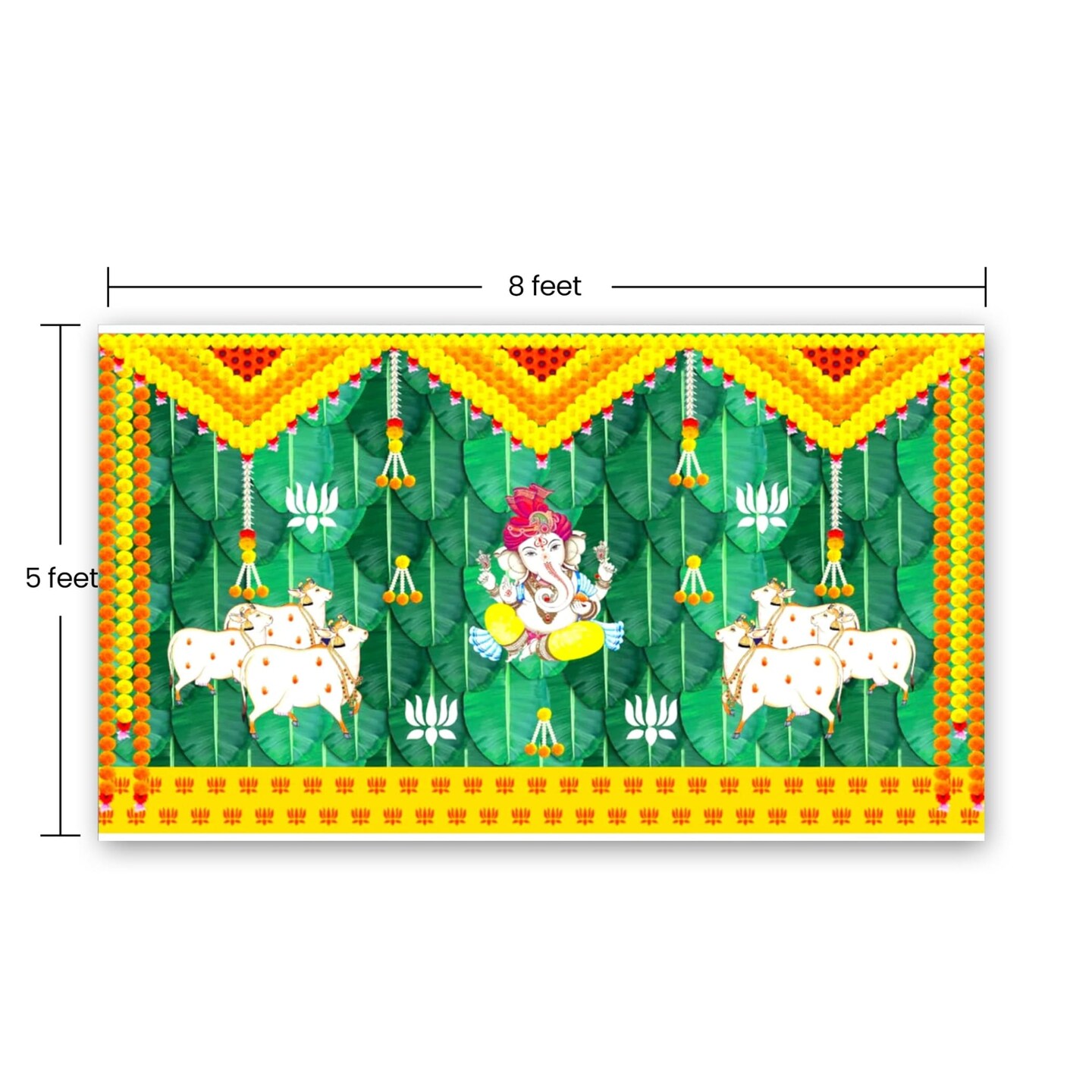 Ganesh and Cow Backdrop 5x8 Feet Indian Traditional Cloth Backdrop Pooja Wall Decor Indian Wall Art Photo Decor Banner Indian Ganesh Pooja Decor Decorative Pooja Cloth