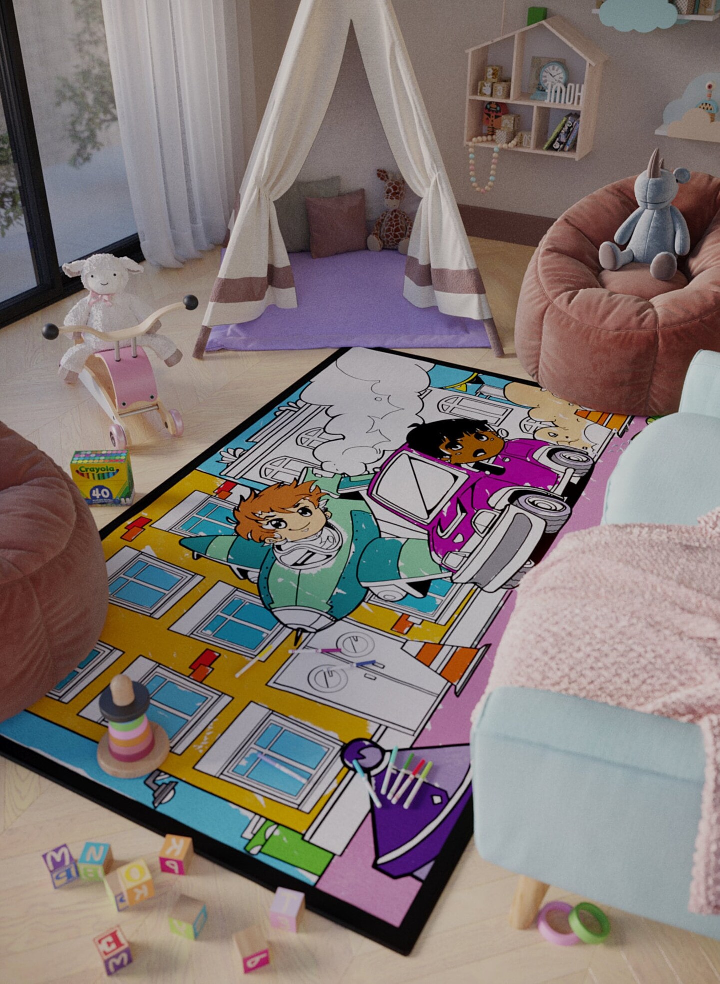 Cars Trucks Airplanes City Scene Coloring Washable Kid&#x27;s Rugs &#x26; Markers Birthday Truck Theme Decor Activity Gift For Boy Classroom Carpet