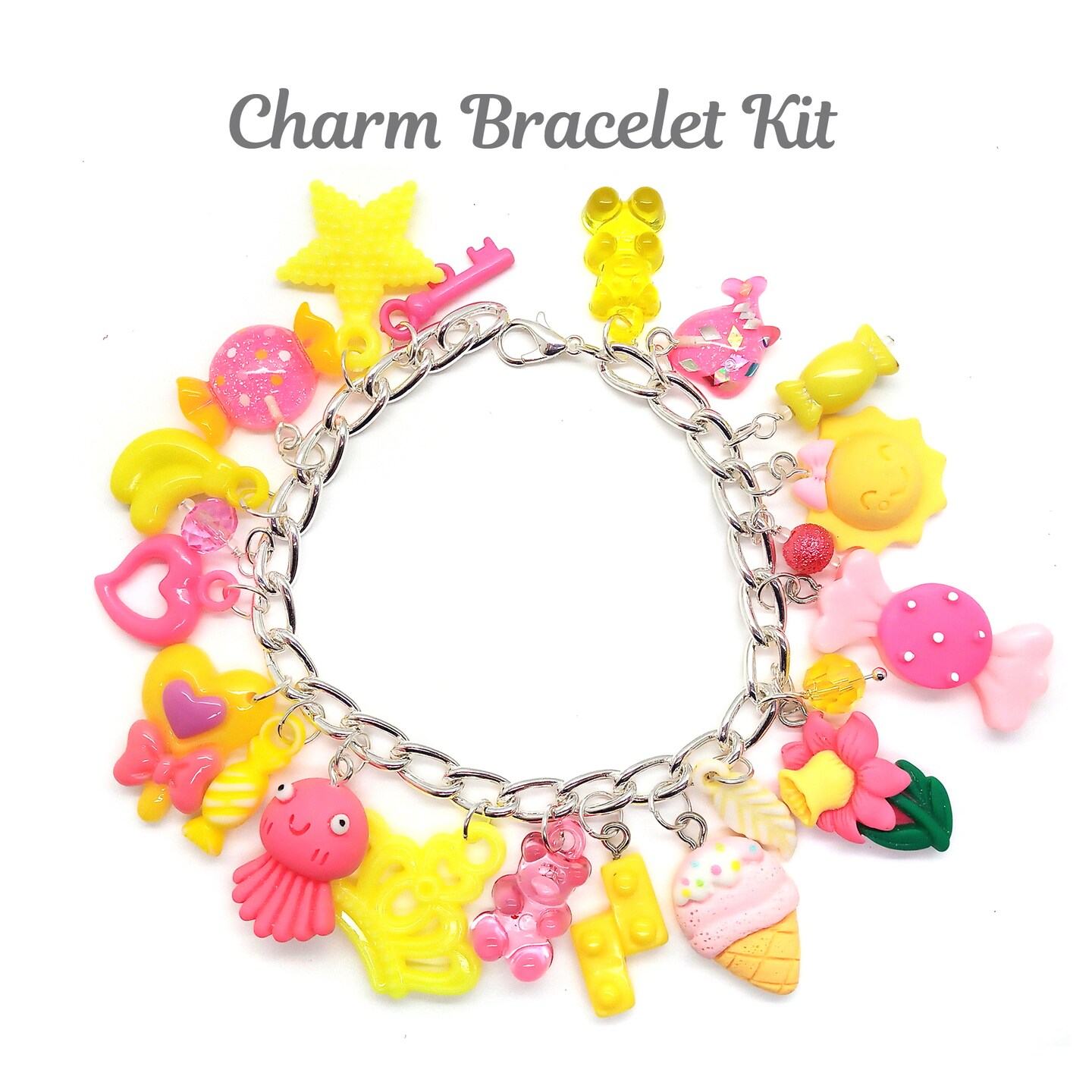 Cute Charm Bracelet Kit, with Pink &#x26; Yellow Chunky Charms, Adorabilities