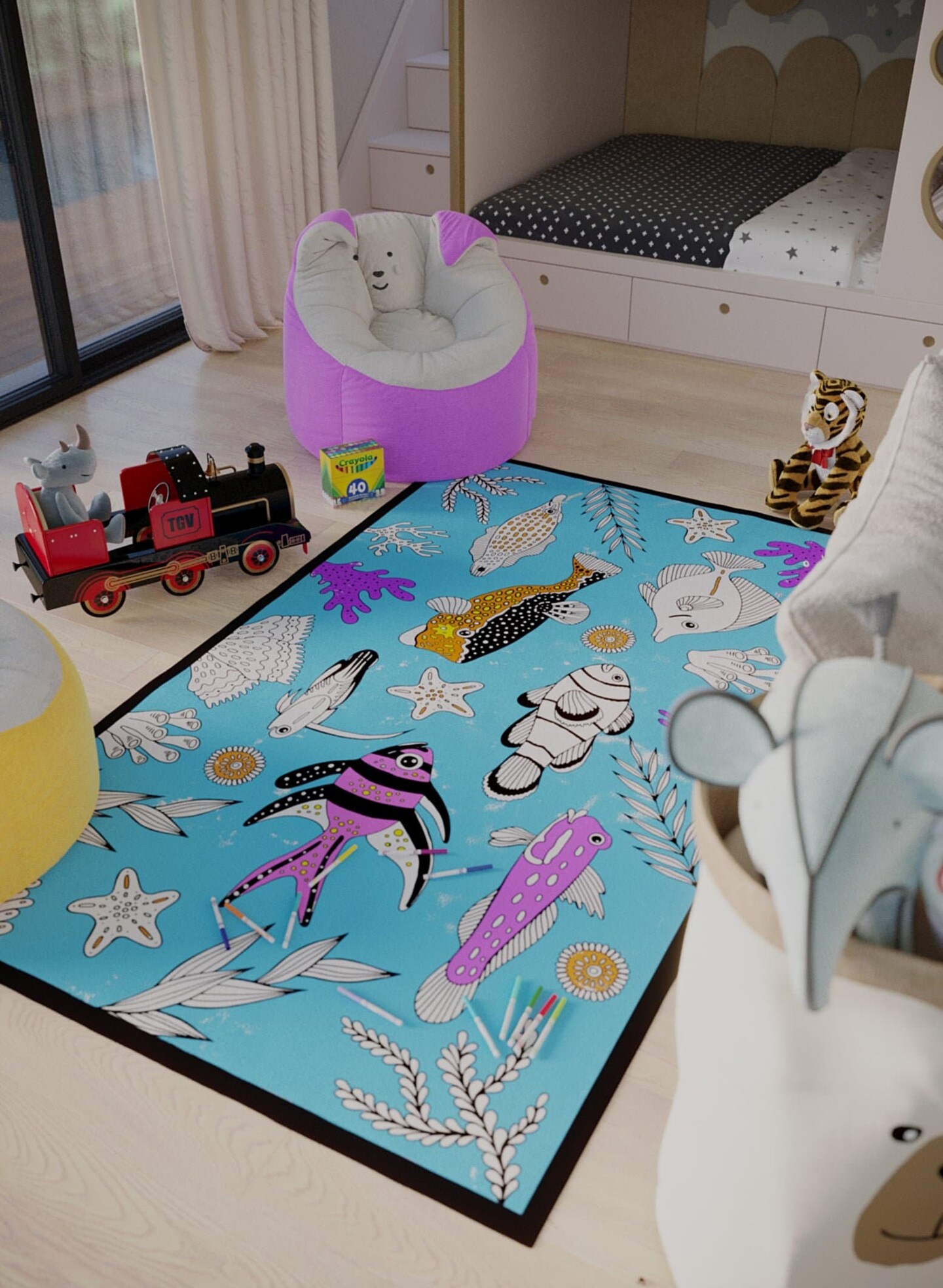 Coloring Ocean Decor Washable Rug &#x26; Markers Playroom Art Underwater Aquarium Sea Animals Kids Rugs Coloring Book Pages Gift For Artist