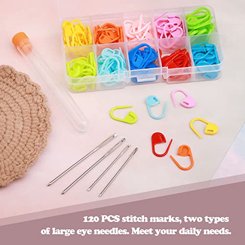 124 Pieces Stitch Markers for Crocheting, Colorful Knitting Markers Crochet Clips with 4 Pcs Big Eyes Sewing Needles, 10 Colors Stitch Locking Clip with Storage Box