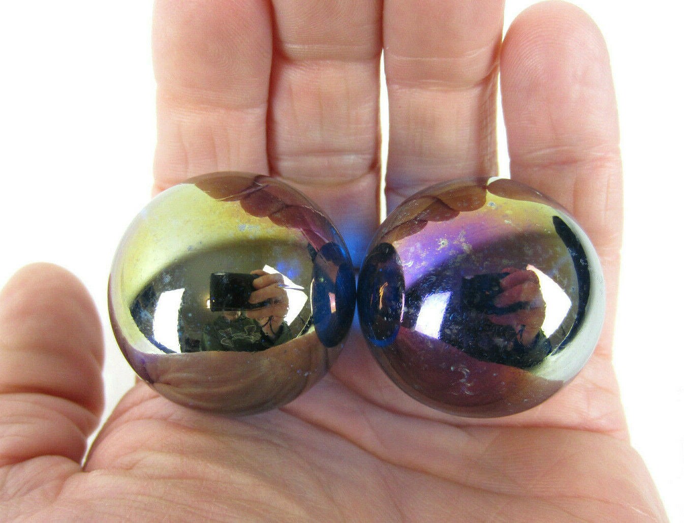 2 Boulders 35mm LUSTERED BLUE Iridescent Translucent Clear Metallic Marbles glass large