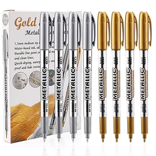 8 Pieces Gold and Silver Marker Metallic, Fine Point Gold and Silver Markers Permanent Metallic for Artist Illustration, Crafts, Gift Card Making, Scrapbooking, Fabric, DIY Photo Album,