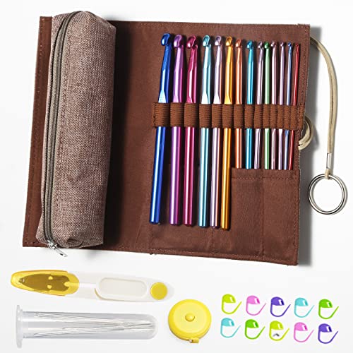 14 Sizes Crochet Hooks Kit, Super Smooth Crochet Hook Needle for Beginners or Advanced (Coffee)