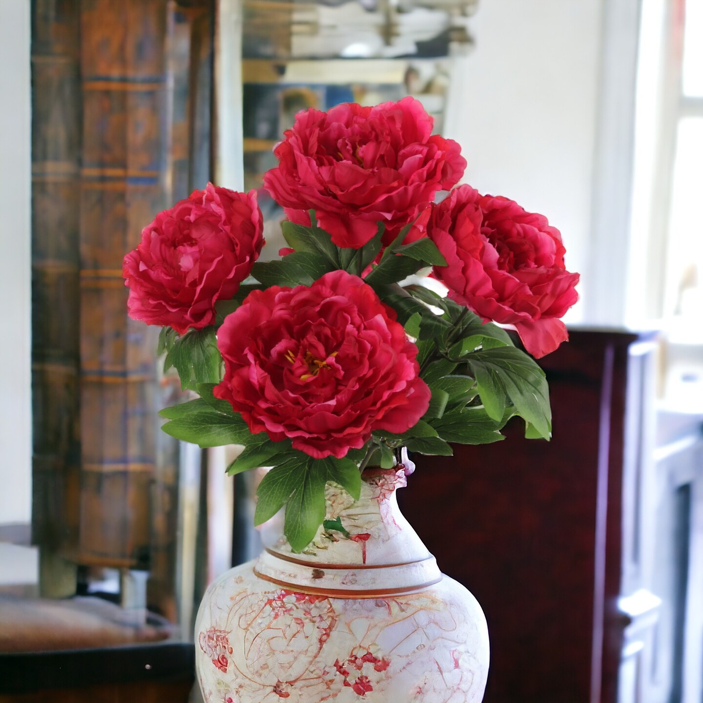 20" Burgundy Artificial Peony Bushes - 12-Pack, 5 Silk Flowers with Lush Foliage, Home Décor - Ideal for Arrangements, Events - Rich Seasonal Charm, Floral Home by Artificial Flowers