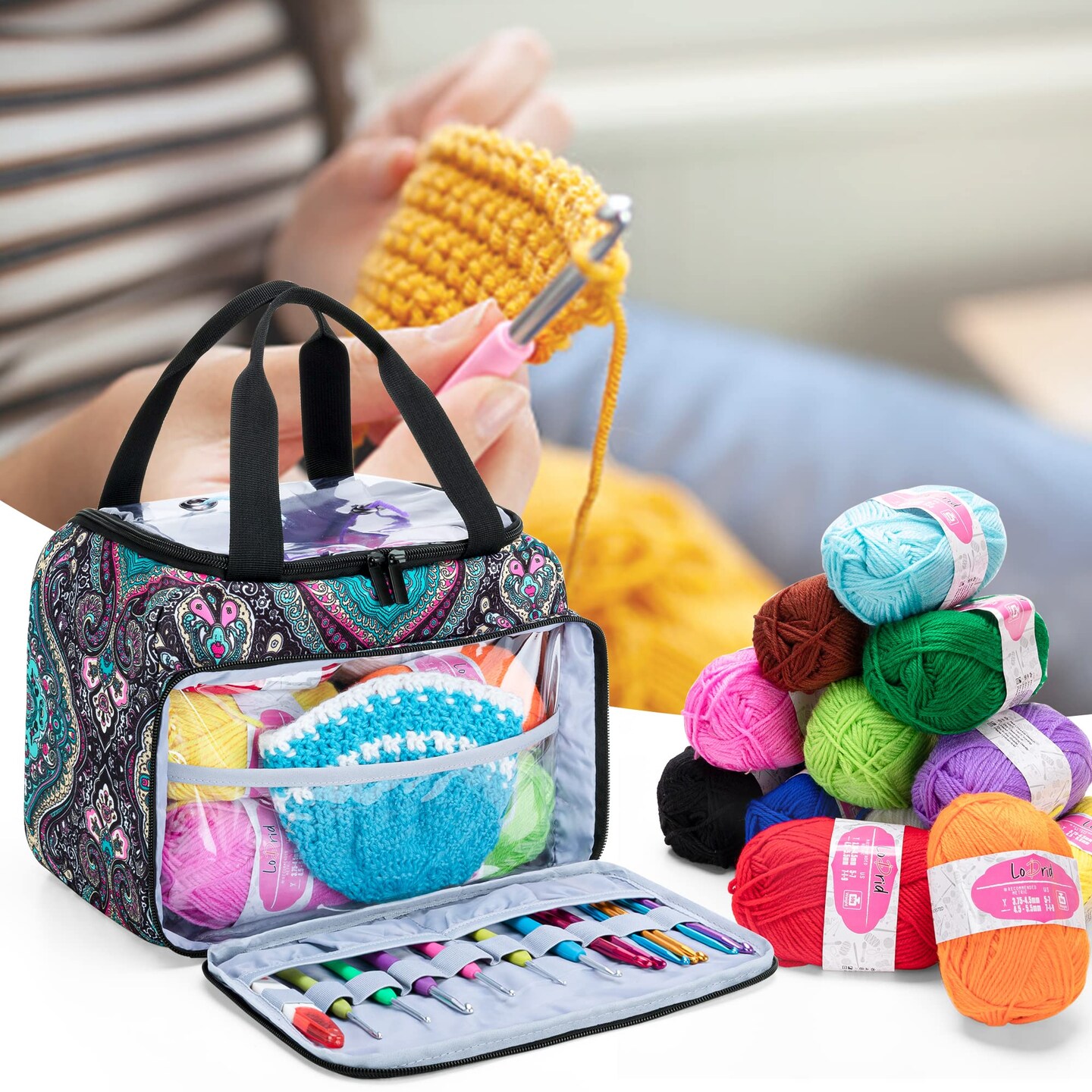 Small Yarn Storage Bag with 2 Grommets, Portable Knitting Tote for Knitting Kit &#x26; Crochet Accessories, Yarn Project Organizer for Knitting Supplies Set for Adults, Totem (Bag Only)